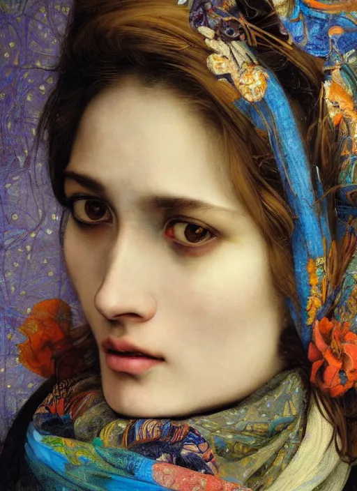 Prompt: close up portrait of a beautiful woman in a big city, wearing a scarf with colourful intricate psychodelic patterns, by edgar maxence and caravaggio and michael whelan and delacroix style, artistic, intricate drawing, light brazen, realistic fantasy, extremely detailed and beautiful aesthetic face, establishing shot, 8 k resolution, dramatic lighting