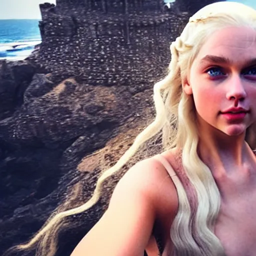 Image similar to a selfie of daenerys targaryen played by taylor swift, smooth skin, purple eye color, ethereal beauty, medium shot, detailed eyes, vivid, golden hour