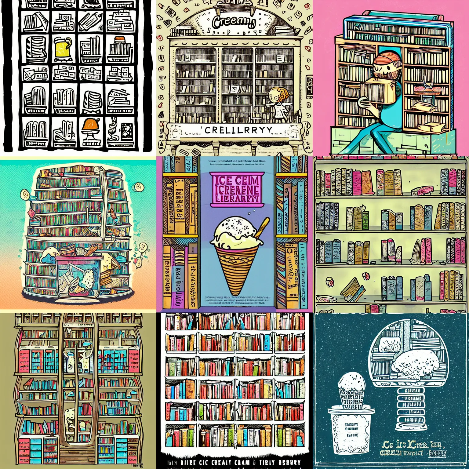 Prompt: ice cream library, intricate illustration by tim doyle