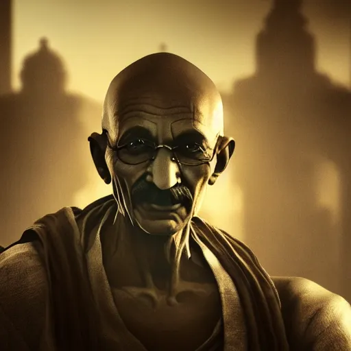 Image similar to Portrait of Mahatma Gandhi in Gears of War, splash art, movie still, cinematic lighting, dramatic, octane render, long lens, shallow depth of field, bokeh, anamorphic lens flare, 8k, hyper detailed, 35mm film grain