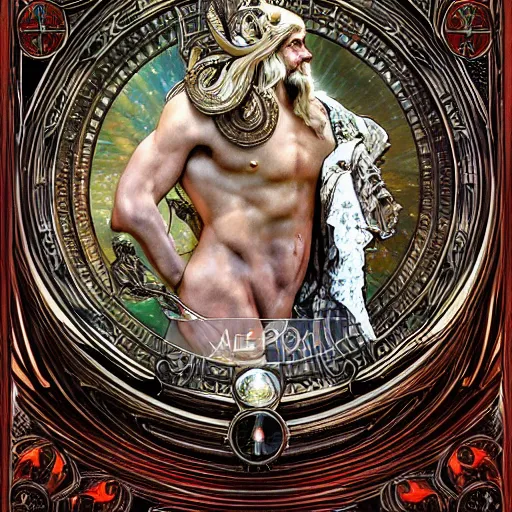 Image similar to portrait of zeus king of olympus made with porcelain by Jeff Easley and Peter Elson + beautiful eyes, beautiful face + symmetry face + border and embellishments inspiried by alphonse mucha, fractals in the background, galaxy + baroque, gothic, surreal + highly detailed, intricate complexity, epic composition, magical atmosphere + masterpiece, award winning + trending on artstation