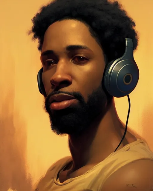 Image similar to light skin black man with headphones at his home studio producing music late at night, very detailed, 4 k, concept art like ernest khalimov, intricate details, highly detailed by greg rutkowski, ilya kuvshinov, gaston bussiere, craig mullins, simon bisley