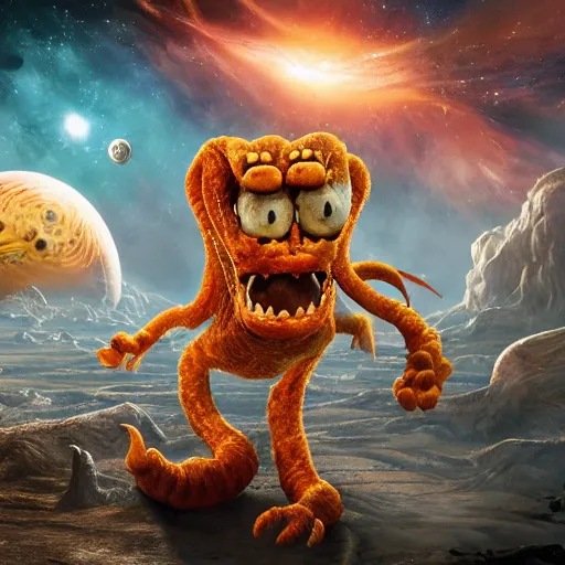 Image similar to eldritch horror bloody garfield in space, hd, 8 k, giant, epic, realistic photo, unreal engine, stars, prophecy, powerful, cinematic lighting, destroyed planet, debris, violent, sinister, ray tracing, dynamic, epic composition, dark, horrific, teeth, grotesque, monochrome drawing, hellscape