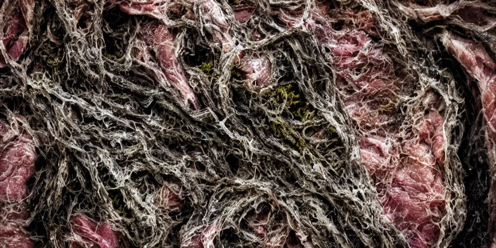 Prompt: details of long lichens growing on flesh and skin, meat, brittle texture details, painitng, wrinkles and muscle tissues, stab wound, oil on canvas, 4k, 8K, photorealistic, soft light, cinematic lighting, sharp, contrasting, dramatic light