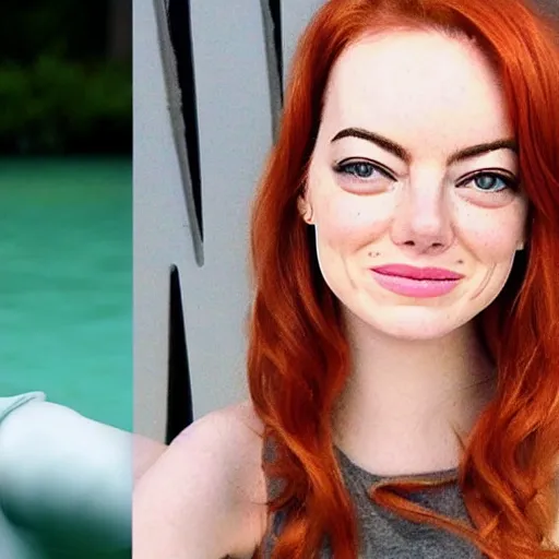 Image similar to a goldfish human in real life that looks like exactly like emma stone