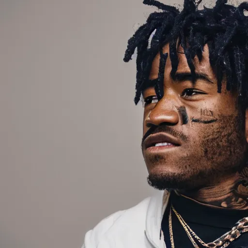 Image similar to a studio photograph of Lil Uzi Vert, portrait, 40mm lens, shallow depth of field, close up, split lighting, cinematic