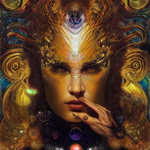 Image similar to Divine Chaos Engine by Karol Bak, Jean Deville, Gustav Klimt, and Vincent Van Gogh, beautiful visionary mystical portrait, sacred, otherworldly, fractal structures, ornate gilded medieval icon, third eye, spirals