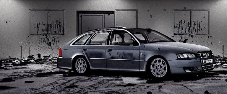 Image similar to Audi A4 B6 Avant (2002), a gritty neo-noir, dramatic lighting, cinematic, eerie person, death, homicide, homicide in the snow, viscera splattered, gunshots, bullet holes, establishing shot, extremely high detail, cracked windows, photorealistic, arson, makeshift grave, cinematic lighting, artstation, by simon stalenhag, Max Payne (PC) (2001) winter New York at night, In the style of Max Payne 1 graphic novel, flashing lights, Poets of the Fall - Late Goodbye