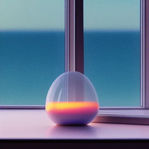 Prompt: perfume bottle on window sill in a pastel clean modern minimalist room with a view of the beach and sunset in an easter - blue room well contoured smooth fair walls, up close shot, sharp focus, zen, clean, modern minimalist, octane highly render, 4 k, ultra hd,