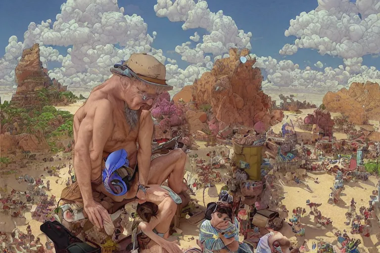 Image similar to an epic painting of tired and bored 5 5 - year old male journalist finally going on beach vacation, artstation, hyperdetailed, beautiful lighting, by james jean, moebius, cory loftis, craig mullins, rutkowski, mucha, kim jung - gi, klimt, roger dean, highly detailed, few ultramarine highlights, oil on canvas