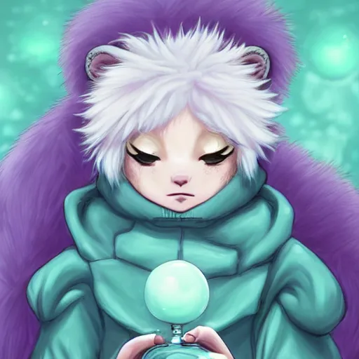 Image similar to aesthetic portrait commission of a albino male furry anthro lion under a lavender bubble filled while wearing a cute mint colored cozy soft pastel winter outfit with pearls on it, winter atmosphere. character design by artgerm, and makoto shinkai, detailed, inked, western comic book art, 2 0 2 0 award winning painting