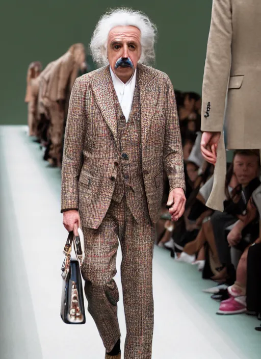 Image similar to hyperrealistic and heavy detailed gucci runway show of albert einstein, leica sl 2 5 0 mm, vivid color, high quality, high textured, real life