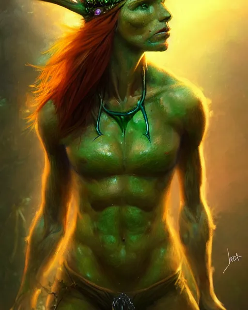 Image similar to muscular female druid, perfect face, thin antlers, green halter top, ginger hair, abs, cinematic, freckles, stunning, athletic, strong, agile, highly detailed, psychedelic, digital painting, artstation, smooth, hard focus, illustration, art by jessica rossier and and brian froud