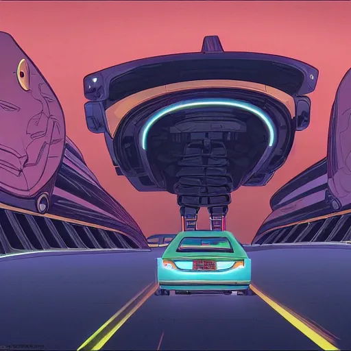 Prompt: driving in car on the super highway on an alien planet in the style of Jean Giraud in the style of Ralph McQuarrie detailed High Resolution HD 8k