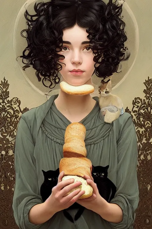 Prompt: beautiful cottagecore of a girl with short black curly hair, round face, cute face, holding a loaf of bread. There's also a black cat on her shoulder. intricate, elegant. highly detailed, digital painting, artstation, concept art, smooth, sharp, focus, illustration. . art by artgerm and greg rutkowski and alphonse mucha