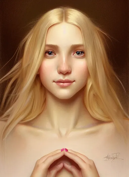 Image similar to beautiful feminine face! portrait of young woman blessed by god with ever - increasing physical and mental perfection, blonde hair, symmetrical! intricate, elegant, highly detailed, vision of holy perfection!! smile, digital painting, artstation, concept art, smooth, sharp focus, illustration, art by artgerm and greg rutkowski and alphonse mucha