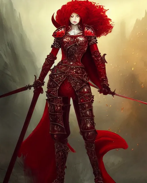 Prompt: redhead queen knight in red armor, inside an epic gothic castle, baroque, large crown, holding sword, face with scars, intimidating, ominous, high fantasy, intricate detail, digital painting, artstation, concept art, smooth, sharp focus, illustration, art by yoshitaka amano and monia merlo and wlop