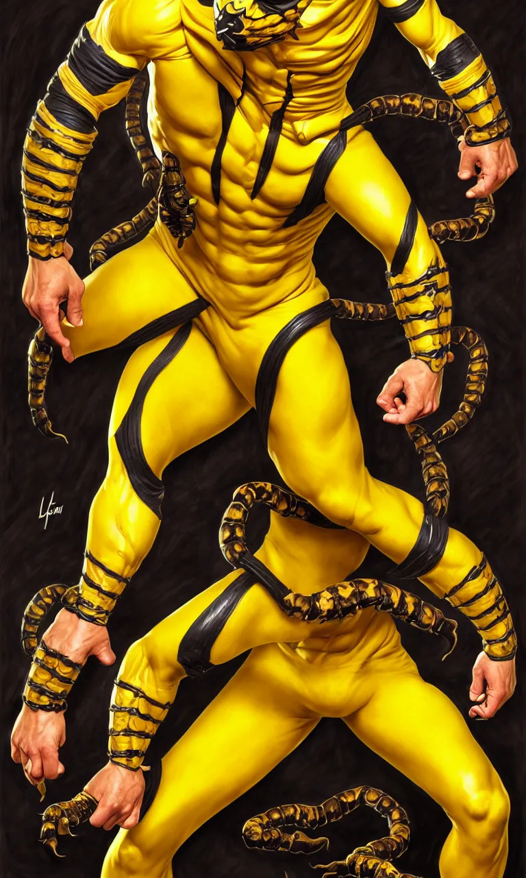 Prompt: hyper realistic full body portrait of scorpion from mortal kombat, mk ninja character, yellow ninja mask, tight yellow ninja suit, by lee bermejo, alphonse mucha and greg rutkowski