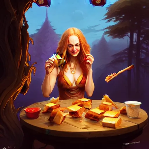 Prompt: Heather Graham Eating Big Macs, dripping BBQ Sauce, serving burgers, D&D, fantasy, intricate, elegant, highly detailed, digital painting, artstation, concept art, matte,illustration, hearthstone, art by Artgerm and Greg Rutkowski and Alphonse Mucha, simon stalenhag, hyperreal