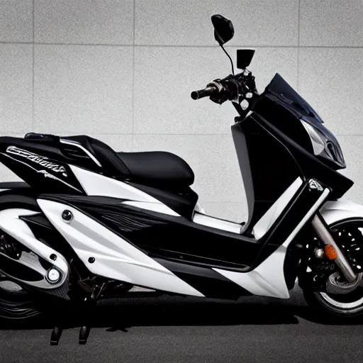 Prompt: photo of tuned black and white pearlescent yamaha aerox 7 5 ccm, race style, custom scooter, dslr, 8 5 mm, f / 1. 3