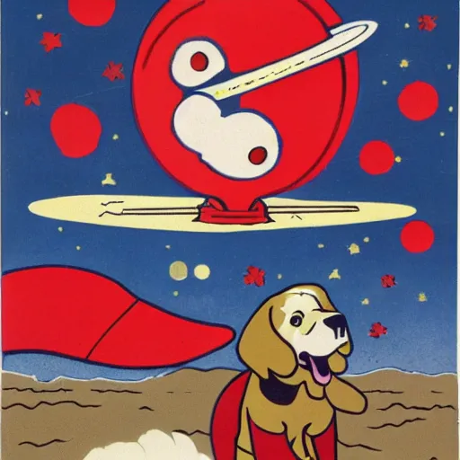 Image similar to overview of a red rocket with a evil dog in space