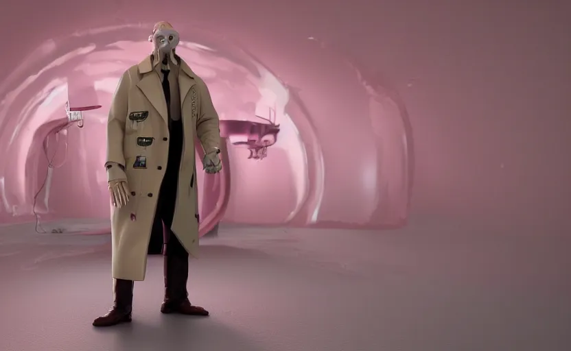 Image similar to a creepy slimy pink ocelot that looks like an investigator, wearing a long beige trench coat, CGI, octane render, trending on artstation, 8K