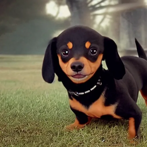 Prompt: a movie capture of a darth vader blond chiweenie, cinematic