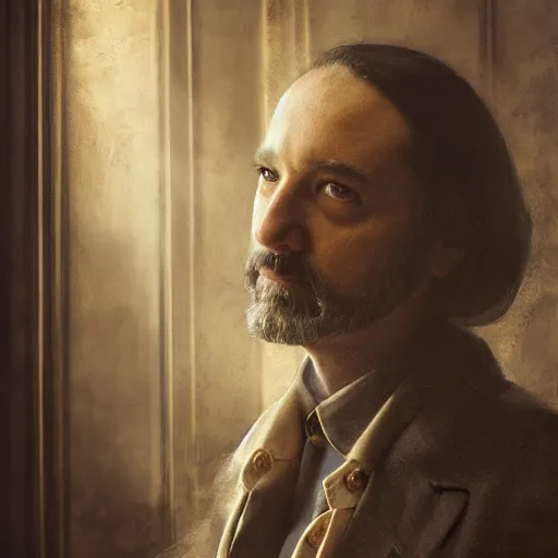 Image similar to dream theater, the count of tuscany regal aristocratic male character portrait, mysterious atmospheric lighting, painted, intricate, soft volumetric lighting, beautiful, rich deep colours masterpiece, golden hour, golden ratio, sharp focus, ultra detailed, by leesha hannigan, ross tran, thierry doizon, kai carpenter, ignacio fernandez rios