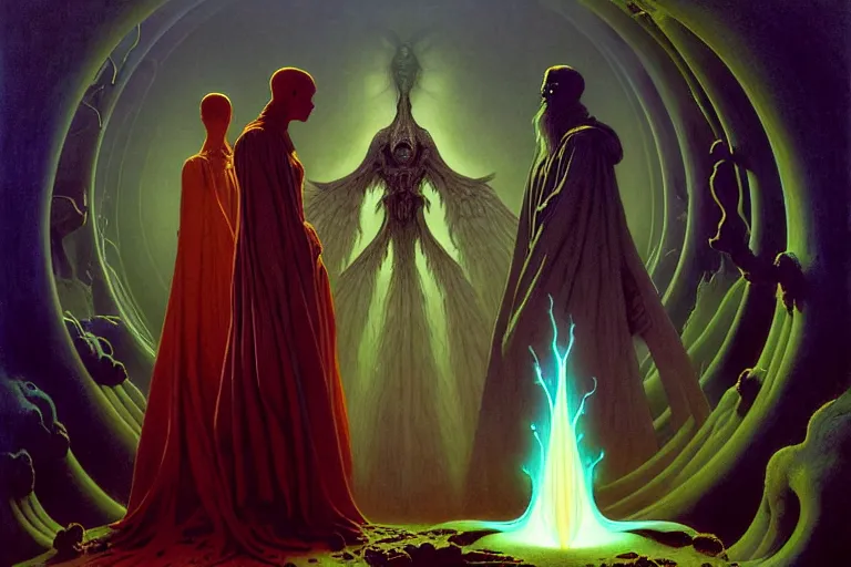 Image similar to the female arcanist and the male artificer by zacharias aagaard and albert bierstadt and gerald brom and zdzisław beksinski and james gilleard and wayne barlowe and marc simonetti, beautiful, magical robes, highly detailed, hyperrealistic, intricate, energy, electricity, blue flame, low light, green crystal, high contrast, submission