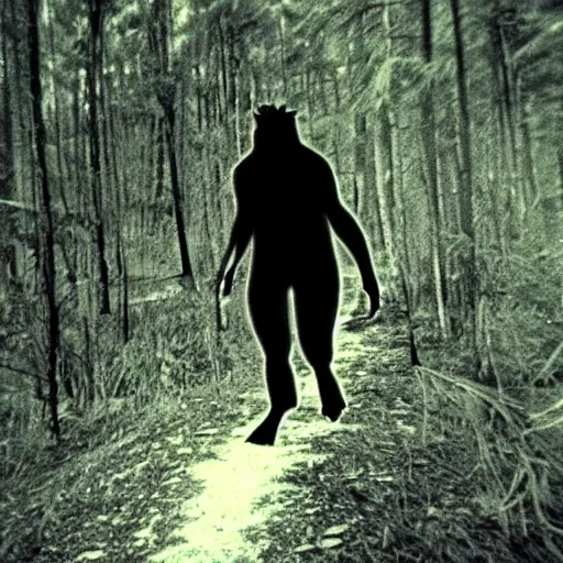 Prompt: sasquatch captured on a trail cam, night