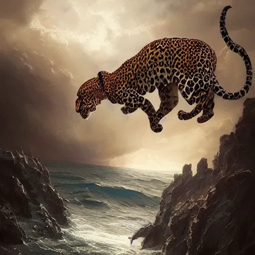 Prompt: three headed leopard And two wings coming out of the sea , digital Art, Greg rutkowski, Trending artstation, cinematographic, hyperrealistic