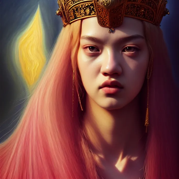 Image similar to jossi of blackpink, king, tarot card, highly detailed, digital painting, smooth, sharp focus, illustration, ultra realistic, octane, render, unreal engine 8 k, art by artgerm and agostino arrivabene