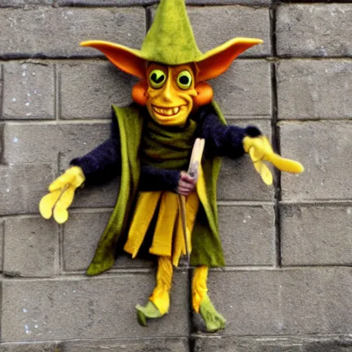 Image similar to yellow goblin in a cloak wearing a fiddle for a hat