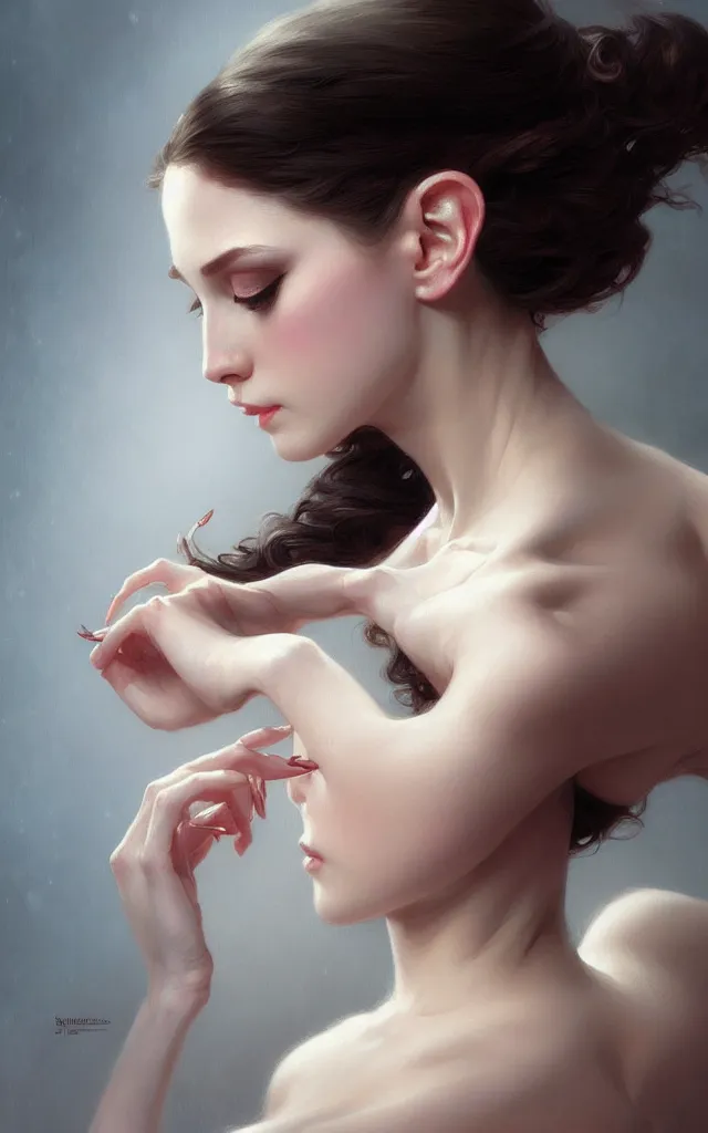 Image similar to portrait of ballerina with dark eye shadow, studio lighting, intricate, elegant, highly detailed, digital painting, artstation, concept art, smooth, sharp focus, illustration, art by artgerm and greg rutkowski and alphonse mucha