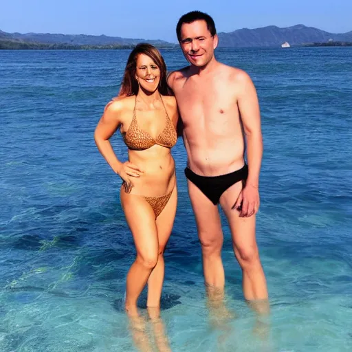 Image similar to photo of a 3 3 year old man that looks young for his age dating a very attractive 5 5 year old woman wearing a bikini.