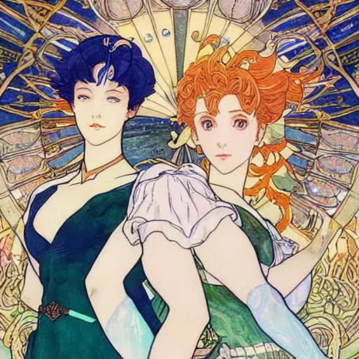 Image similar to the sailor neptune and the sailor uranus. beautiful, realistic painting by mucha and kuvshinov and bilibin. watercolor, thick lining, manga