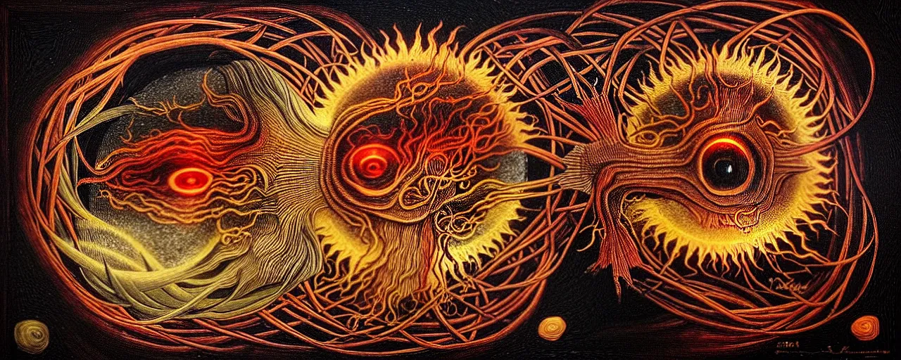 Image similar to a strange fire creature with endearing eyes radiates a unique canto'as above so below'while being ignited by the spirit of haeckel and robert fludd, breakthrough is iminent, glory be to the magic within, in honor of saturn, painted by ronny khalil