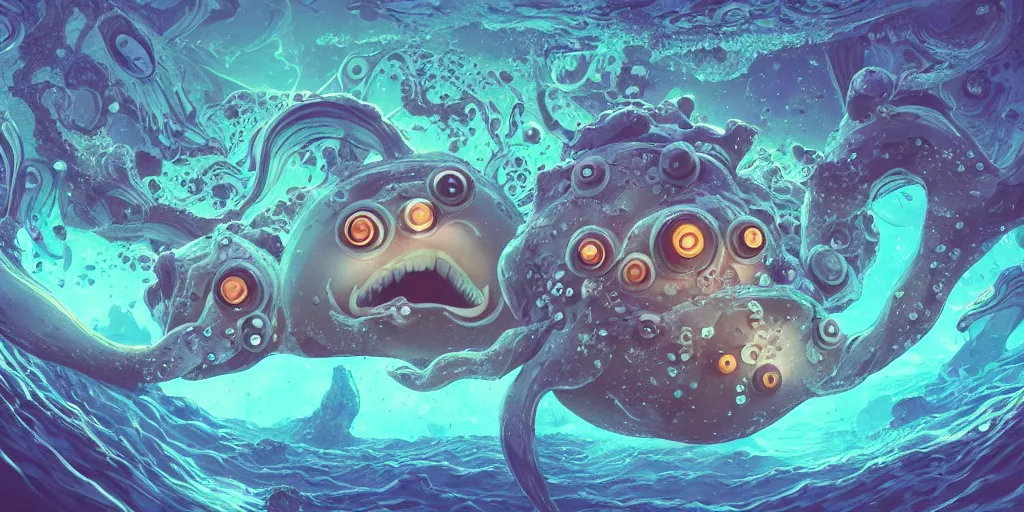 Image similar to of an intricate deep sea with strange cute friendly happy creatures with huge eyes, long tongue, round teeth and goofy funny face, appearing from the background, in the style of gehry and gaudi, macro lens, shallow depth of field, ultra detailed, digital painting, trending artstation, concept art, illustration, cinematic lighting, photorealism, epic, octane render