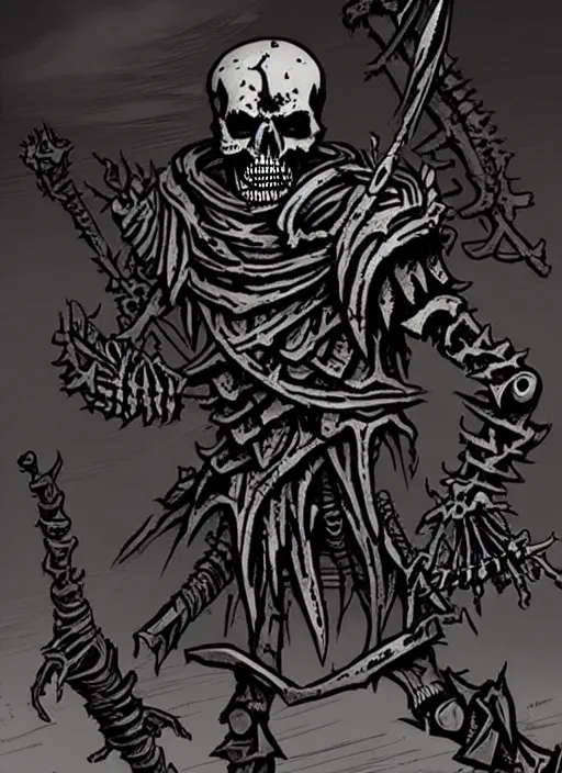 Prompt: concept art of a twisted skeleton warrior in darkest dungeon, highly detailed, dark atmosphere, cosmic horror, body horror, lovecraft mythos, key character poster