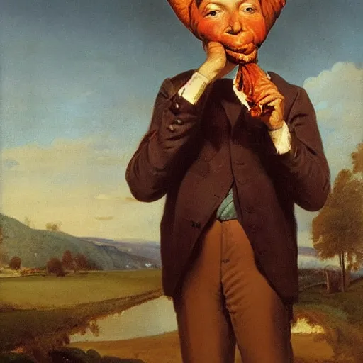 Prompt: oil painting by george caleb bingham of a man holding a turkey leg over his head.