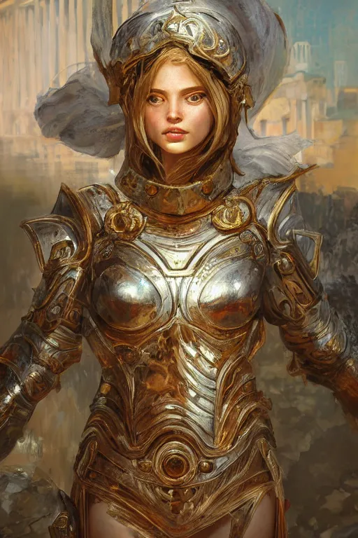 Prompt: portrait knights of Zodiac girl, metalic orange and silver white reflected armor, in ruined Agora of Athens, ssci-fi, fantasy, intricate, very very beautiful, elegant, golden light, highly detailed, digital painting, artstation, concept art, smooth, sharp focus, illustration, art by tian zi and WLOP and alphonse mucha