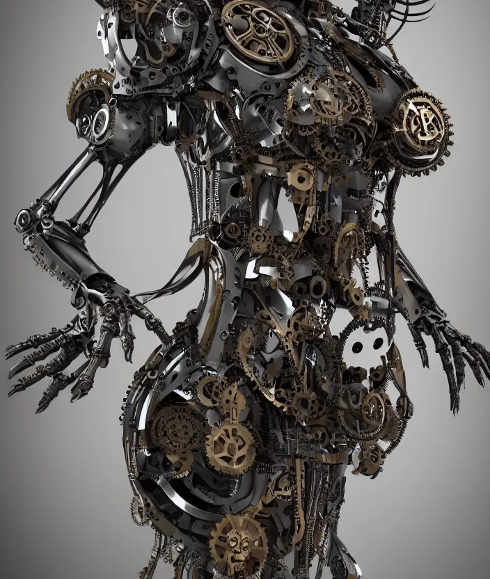 Prompt: Steampunk cyborg skeleton girl with mechanical stained dark wings. clockwork. gears, pipes. goggles. rivets. octane render. highly detailded