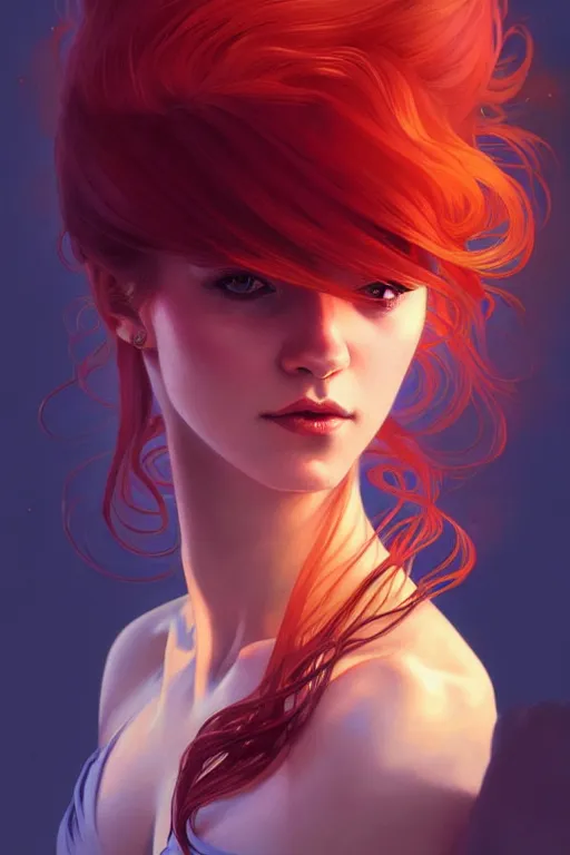 Image similar to a beautiful girl with fire hair, fantasy, portrait, sharp focus, intricate, elegant, digital painting, artstation, matte, highly detailed, concept art, illustration, ambient lighting, art by ilya kuvshinov, artgerm, Alphonse mucha, and Greg Rutkowski