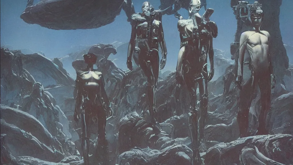 Image similar to explorers on an eerie atmospheric evolving alien planet by gerald brom and vincent di fate, epic cinematic matte painting