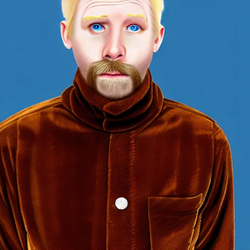 Prompt: A gangly british man, with short blond hair and short blond beard wearing a corduroy jacket and turtleneck , blue eyes, pale skin, English heritage, digital art, cartoon, mid-shot, 8k