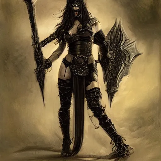 Image similar to portrait of a goth emo girl on steroids wearing armor and holding sword by frank fazetta, fantasy, barbarian