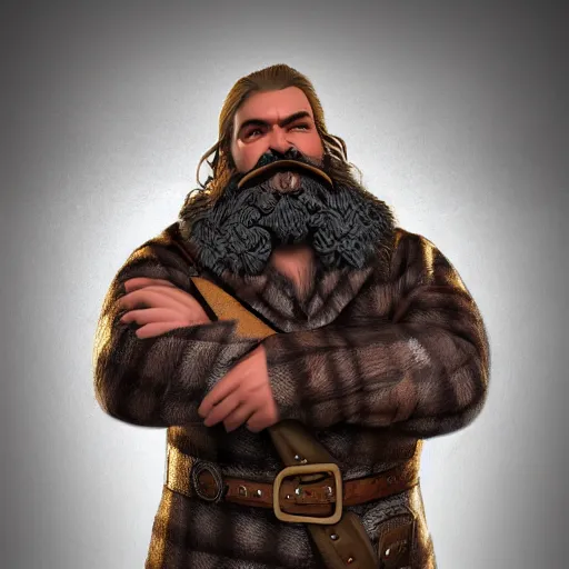 Image similar to fantasy middle - aged burly lumberjack with a beard, render, photorealistic, dungeons and dragons, realistic, dark hair, wearing a fur coat, high quality matte painting, midjourney