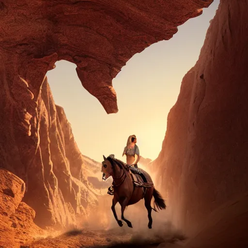 Image similar to spirit, the brown wild horse with white pastern flexion from the spirit movie, with the young girl lucky on his back galloping next to a canyon into the sunset, movie poster, intricate detail, 8 k, trending on artstation, octane render