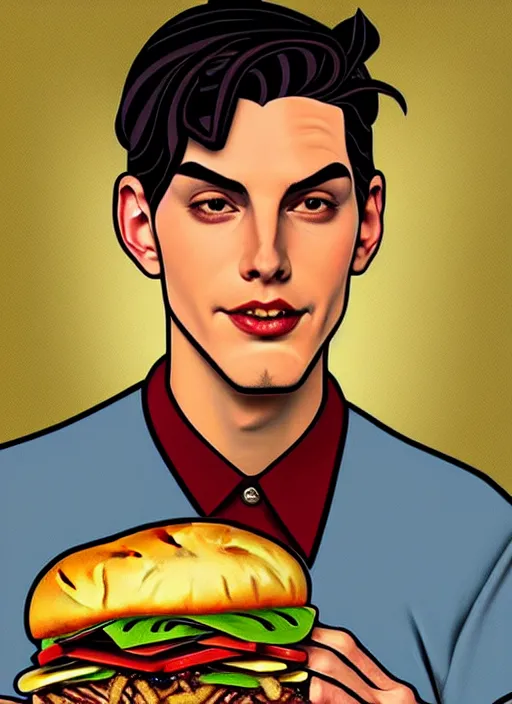 Image similar to oil painting, jughead jones devours a hamburger, intricate, elegant, highly detailed, lighting, painting, artstation, smooth, illustration, art by greg rutowski and alphonse mucha