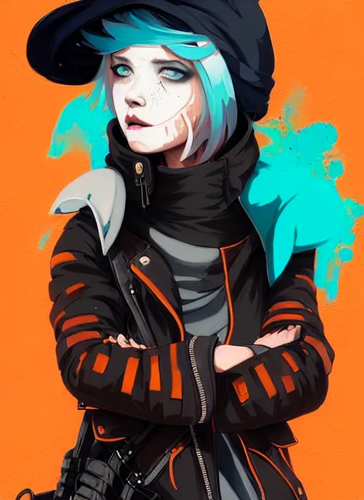 Prompt: highly detailed portrait of a sewer punk lady student, blue eyes, leather hoodie, hat, white hair by atey ghailan, by greg tocchini, by james gilleard, by kaethe butcher, gradient orange, black, brown and cyan color scheme, grunge aesthetic!!! ( ( graffiti tag wall background ) )